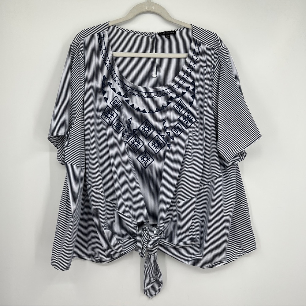 Lane Bryant Embroidered Tie-Front Pinstriped Back Button Boxy Blue White Shirt - Picture 1 of 15